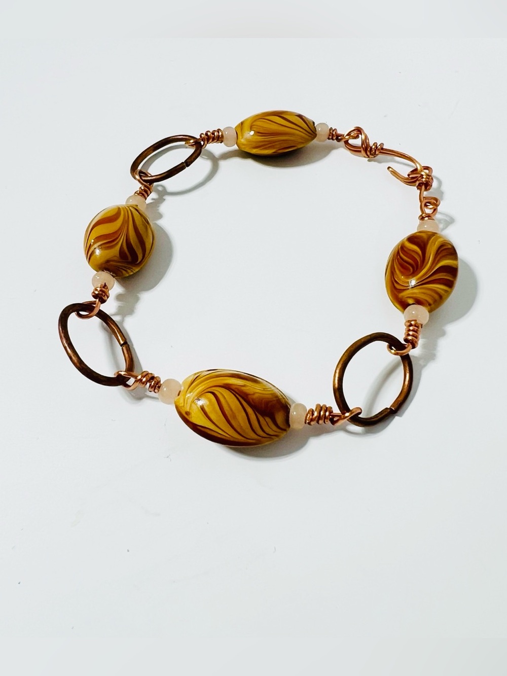 Vintage Amber Brown Swirled Beads Copper Wire Bracelet